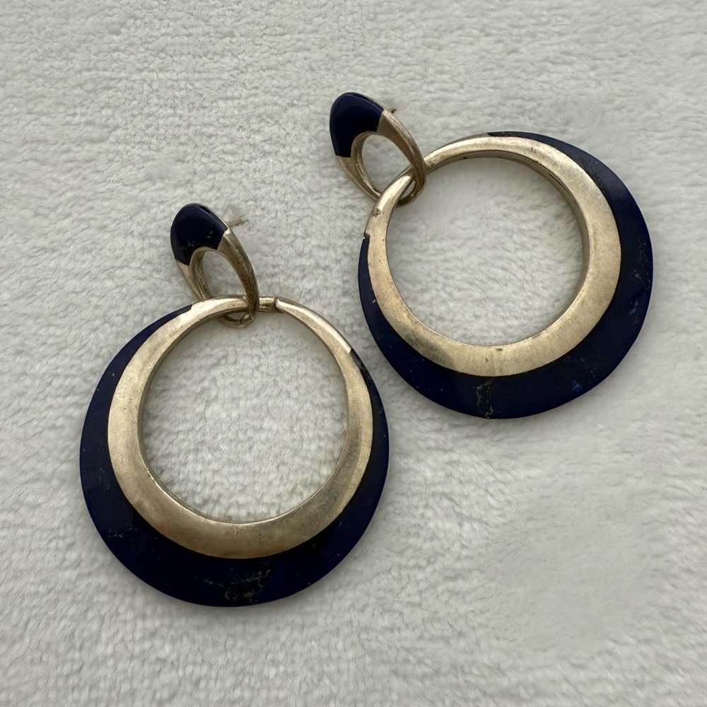 VTG Mexican Sterling Silver & Lapis Lazuli Inlay Earrings Taxco Signed TCA 925
